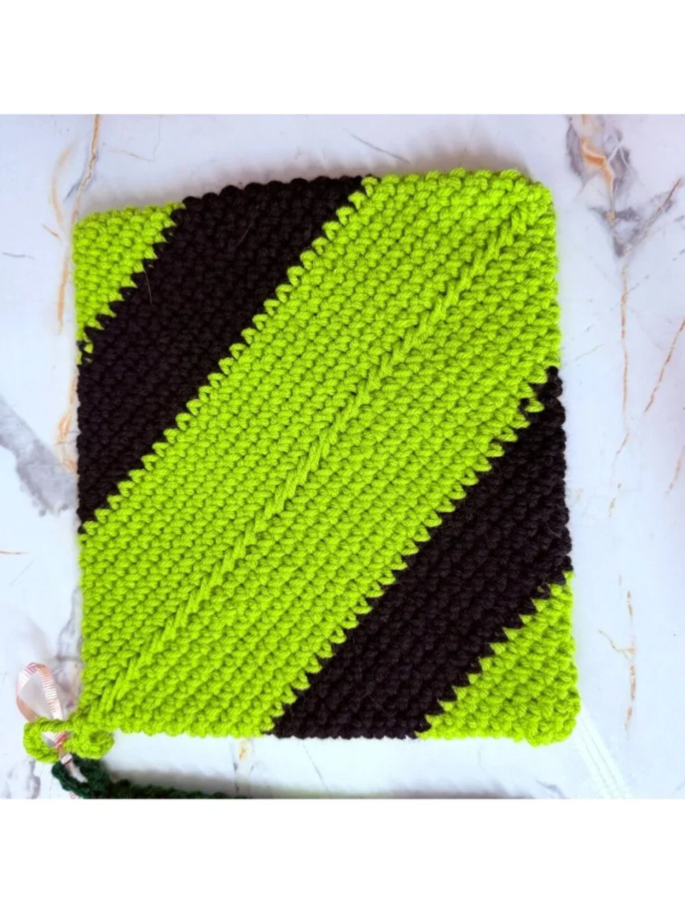 Hand-Crocheted Diagonal Stripe Pot Holder Set - Green & Black Heat-Resistant Kit
